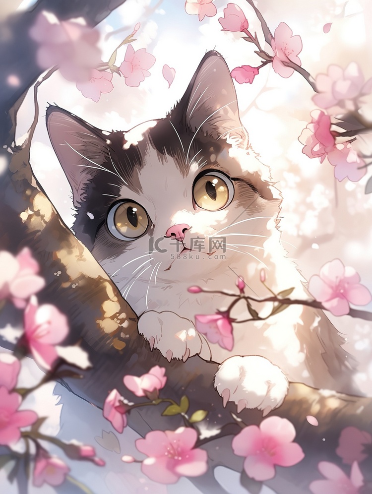 樱花树上的可爱小猫插画素材