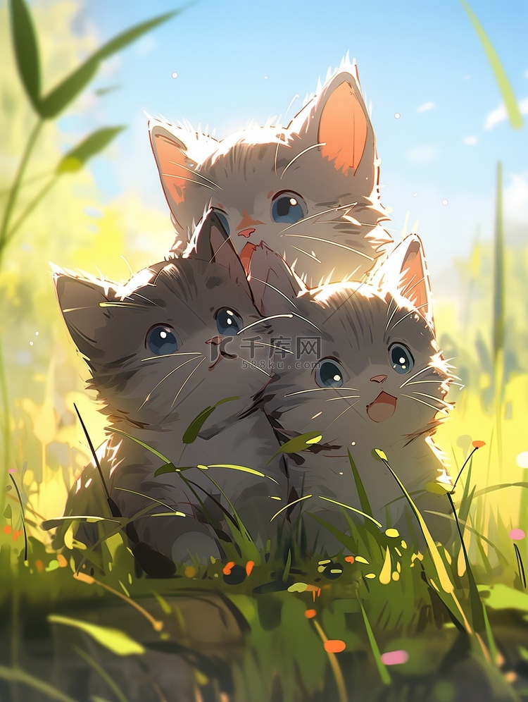 小猫在草地上玩耍插画海报
