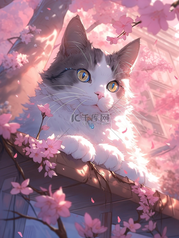 樱花树上的可爱小猫插画海报