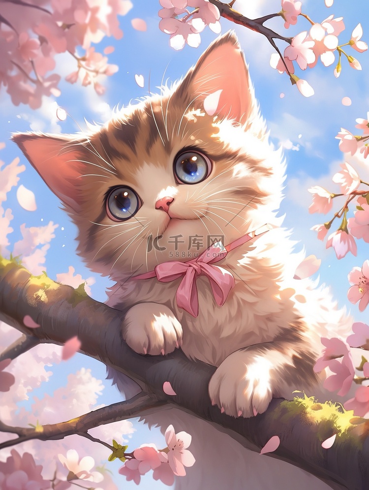 樱花树上的可爱小猫插画