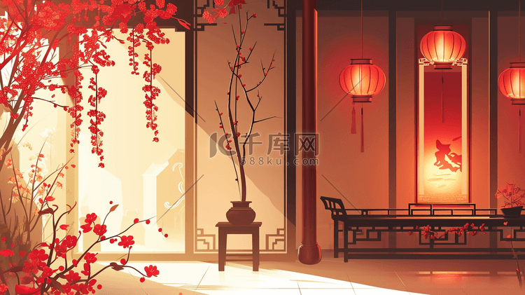 红色中国风中式庭院装饰大气插画9