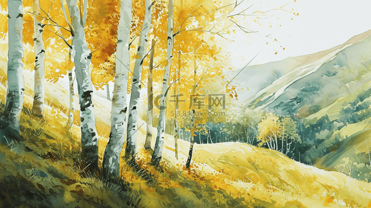 水彩手绘白桦林风景插画24