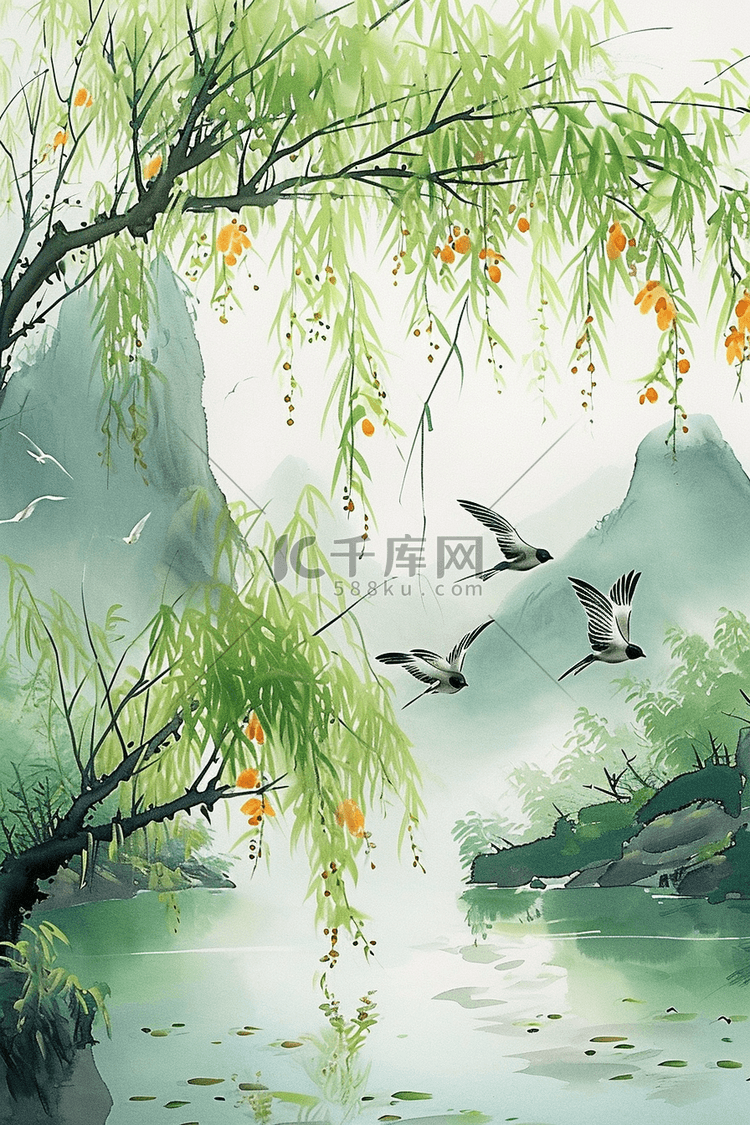 绿色柳树山峰水彩画手绘春天海报素材
