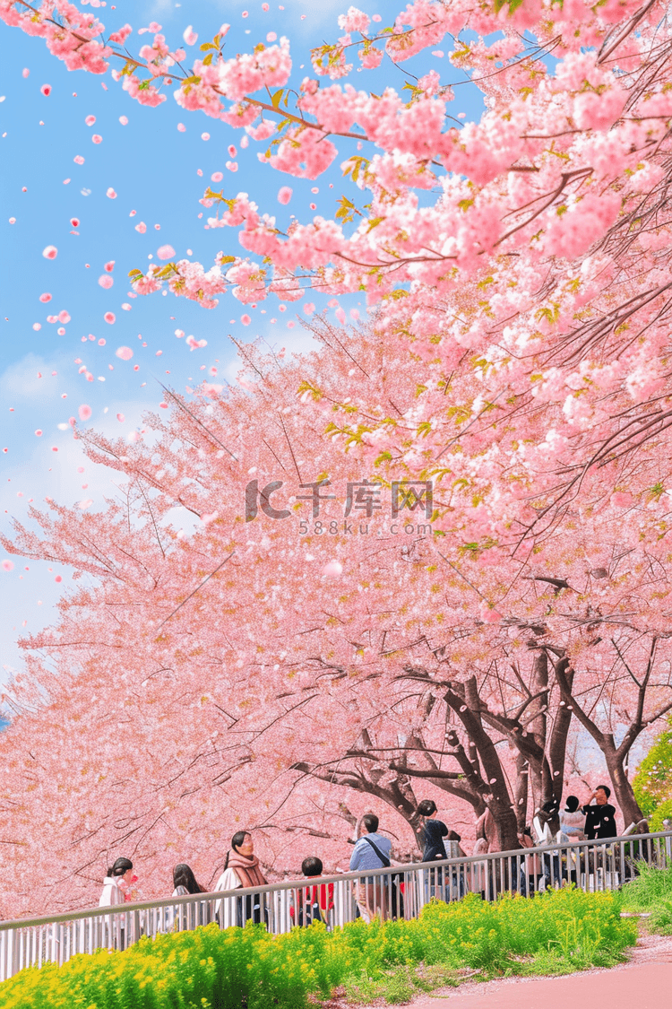 春天唯美樱花树手绘海报赏花图片