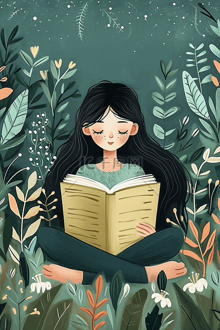 女孩看书花草植物手绘春天插画海报