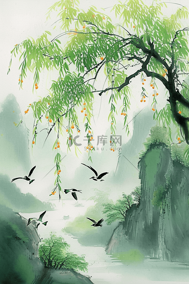 春天绿色柳树山峰水彩画手绘海报插画图片