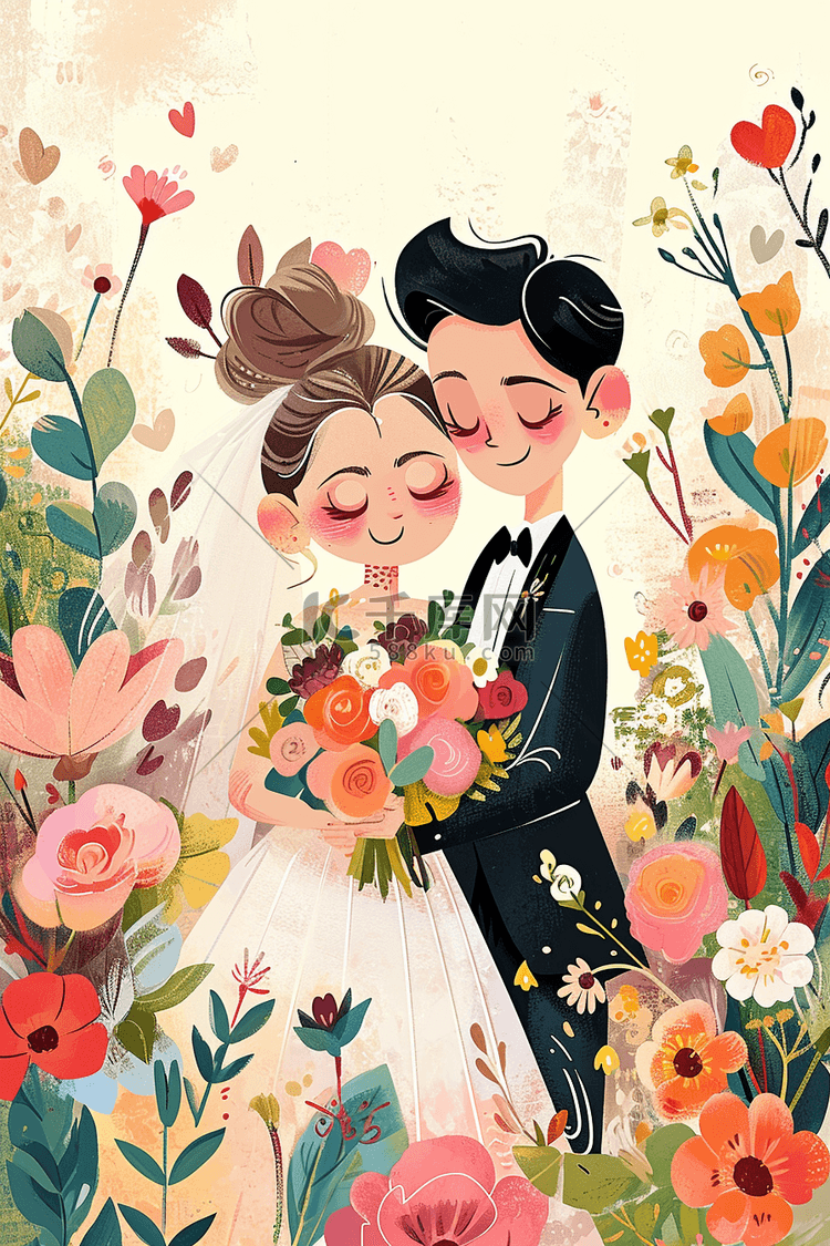 情人节情侣插画鲜花手绘海报