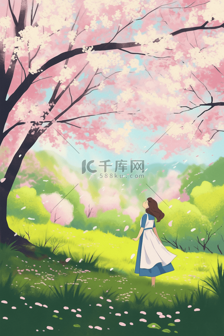 樱花树赏樱花唯美春天手绘海报插画图片