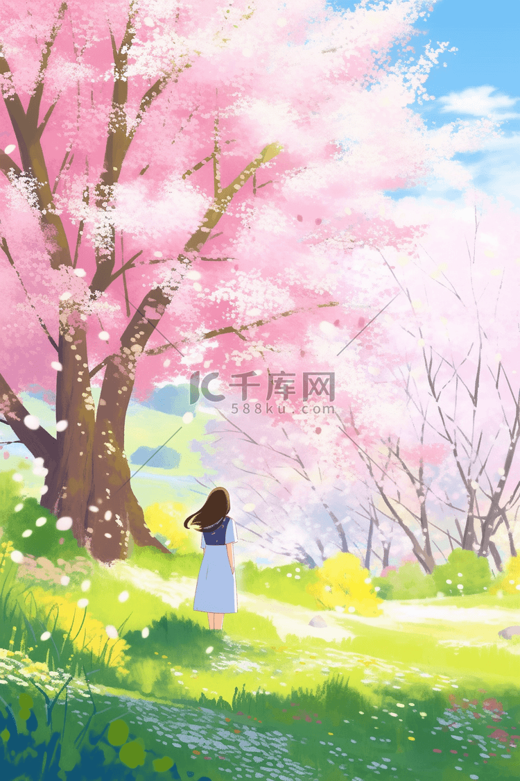 赏樱花春天樱花树唯美手绘海报插画素材