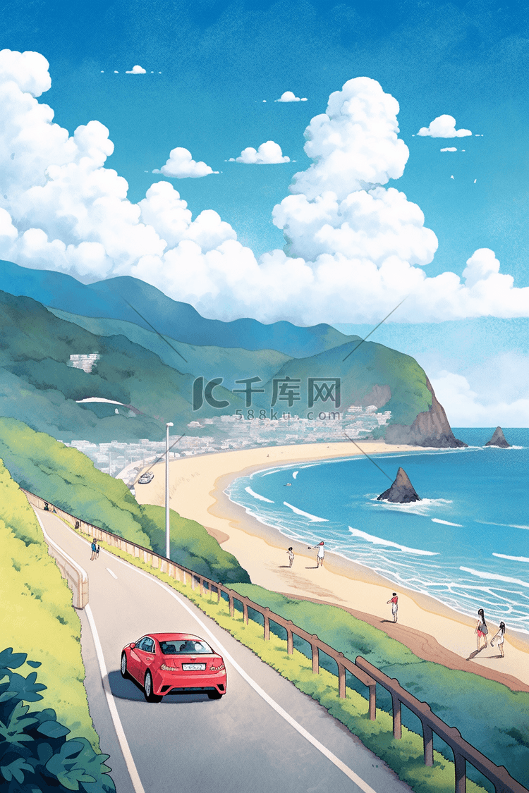 风景春天唯美海边插画海报