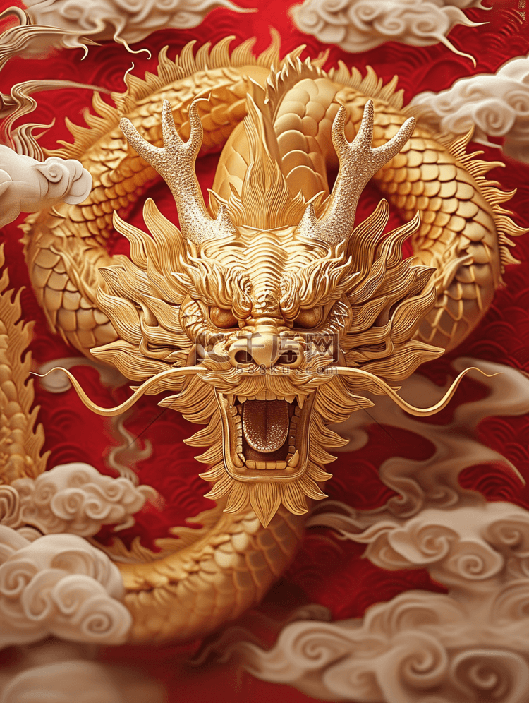 金色的龙龙年祥云立体插画