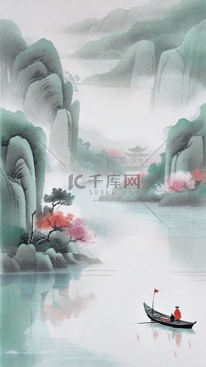 上海帛画风非遗帛画国风山水插画图片