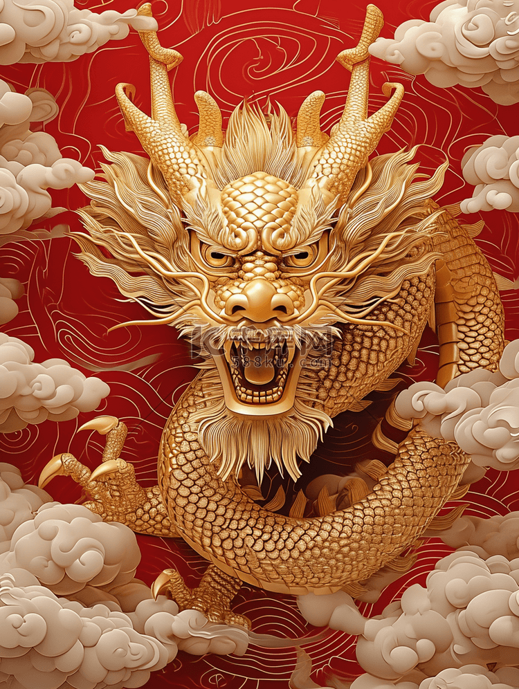 立体插画龙年金色的龙祥云