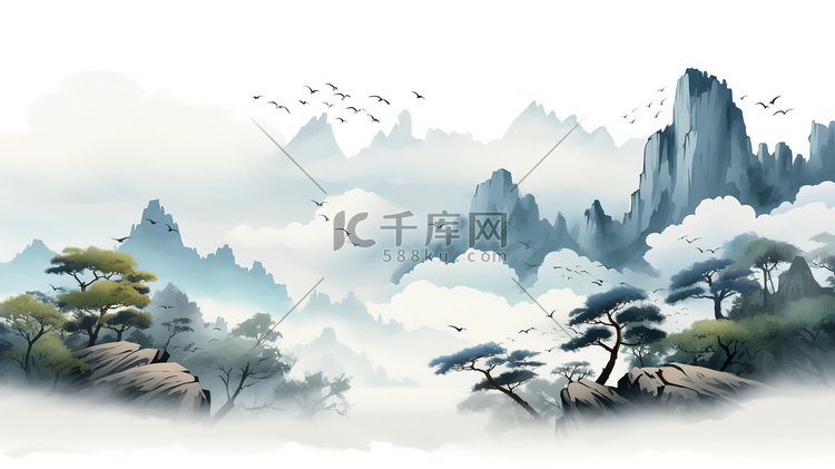 中国山水画唯美意境插画设计