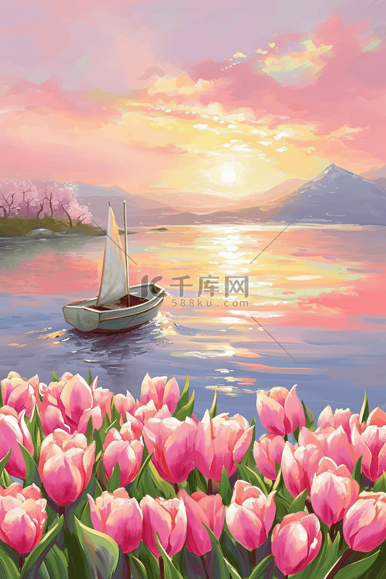 春天海报郁金香夕阳湖泊手绘插画