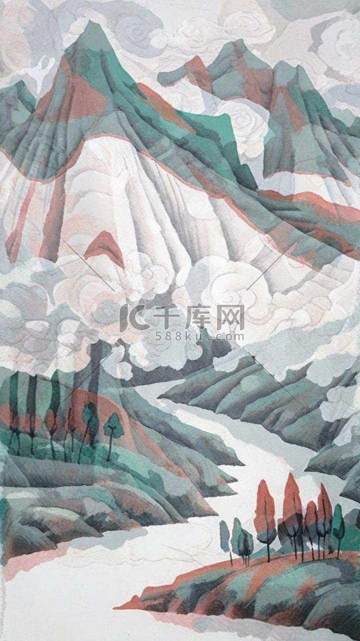 上海帛画风非遗帛画国风山水矢量插画