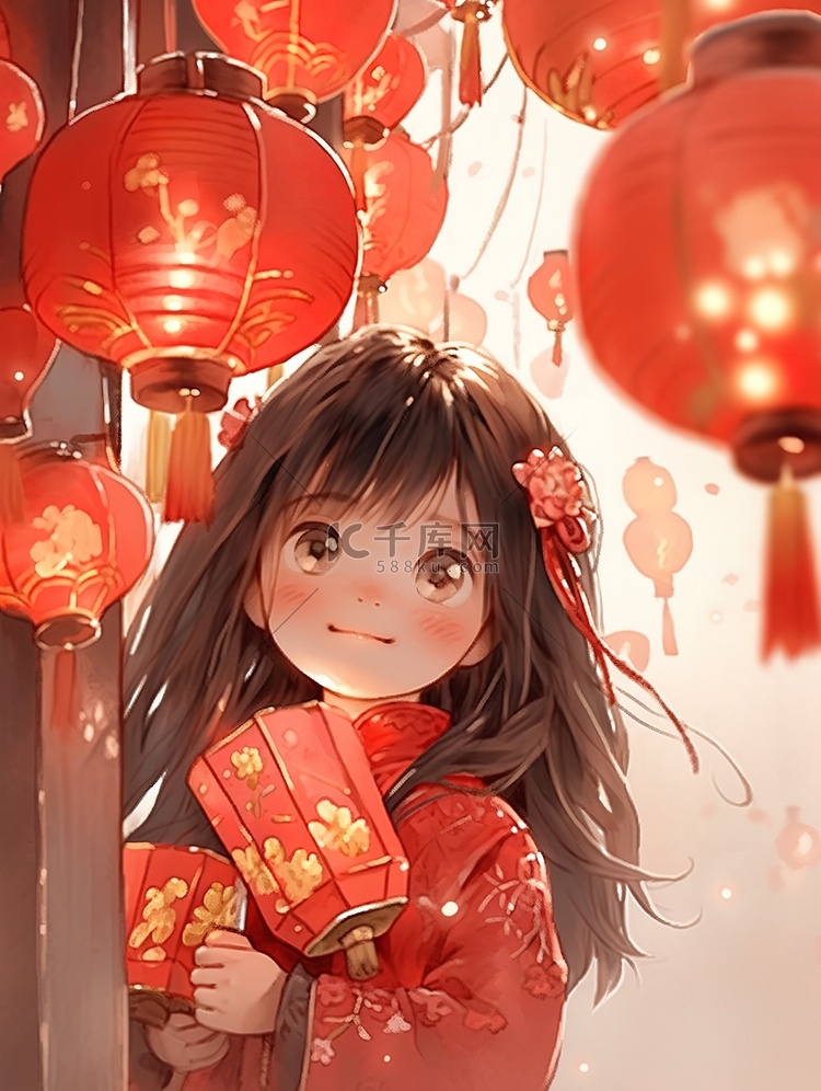 春节可爱的女孩和灯笼插画海报
