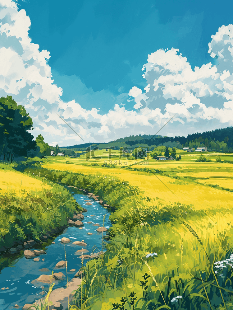 蓝天白云下清新绿色草地河流的插画4