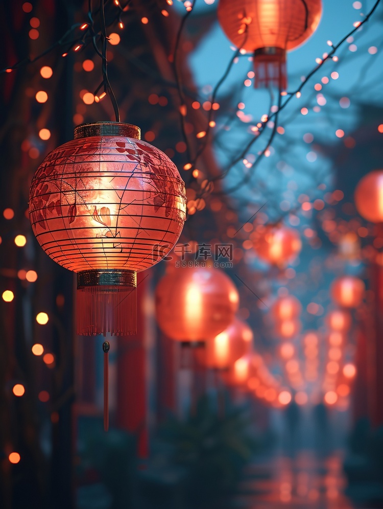 春节节日气氛挂起的红灯笼插画设计