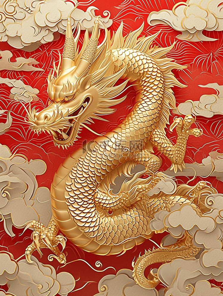 龙年金色雕刻新年插画海报