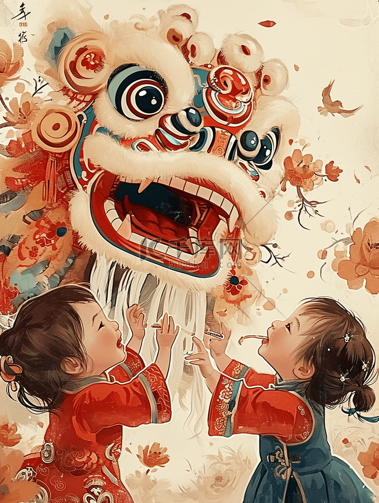 新年手绘舞狮孩子庆祝插画海报