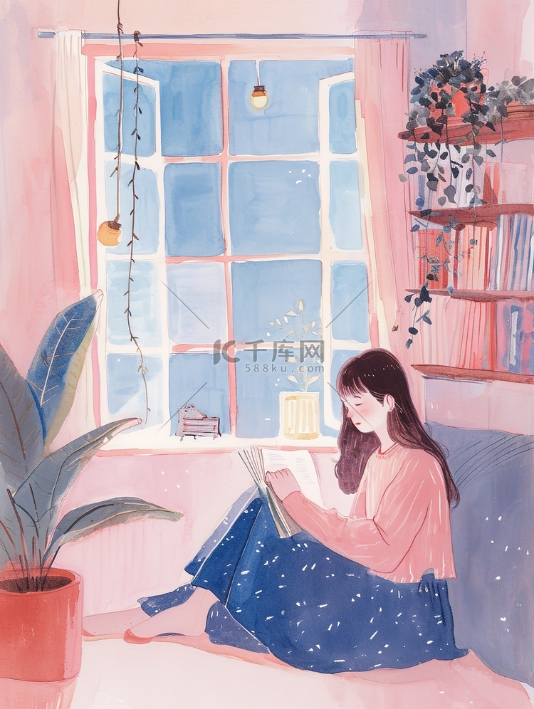 一个女孩在家里看书粉彩插画