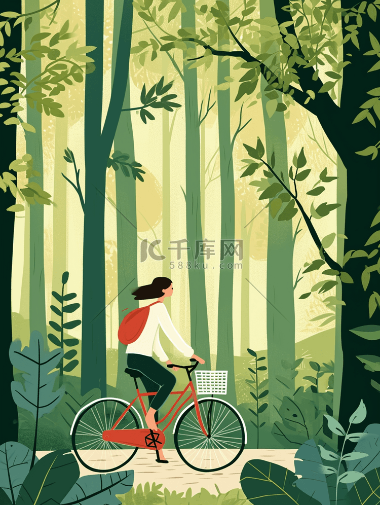 手绘绿色森林女孩自由骑车的插画1