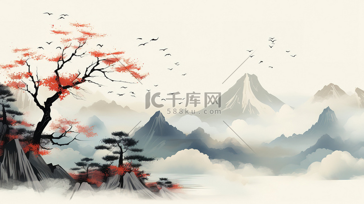 中国山水画唯美意境插画海报