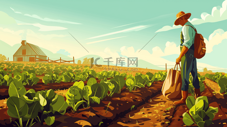 春秋季节农民工人田地耕种收获的插画15