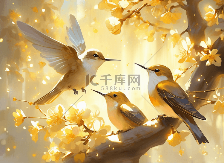 春天鸟中国风景物自然唯美山水树丹顶鹤插画素材