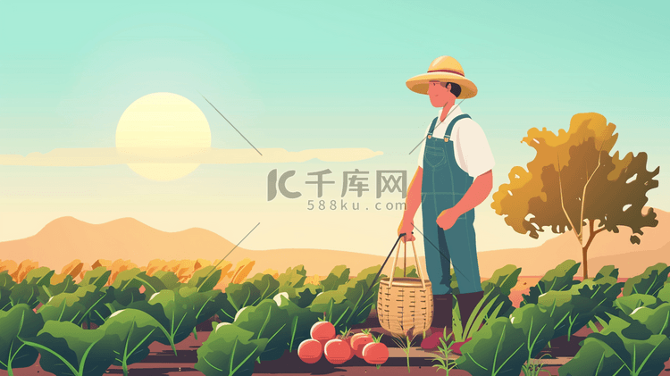 春秋季节农民工人田地耕种收获的插画8