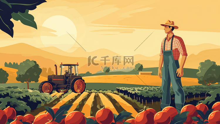 春秋季节农民工人田地耕种收获的插画11
