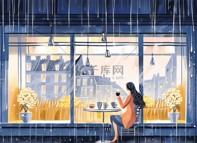女孩咖啡馆窗户喝咖啡单独城市夜晚原创插画