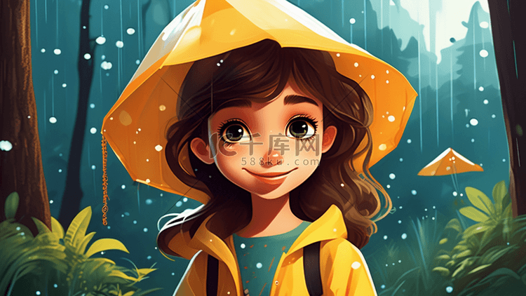 雨中的女孩戴帽子生动活泼的自然场景插画
