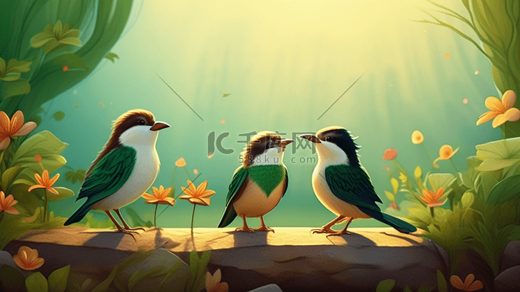 异想天开的美丽以鸟为主题浅绿色和深棕色插画素材