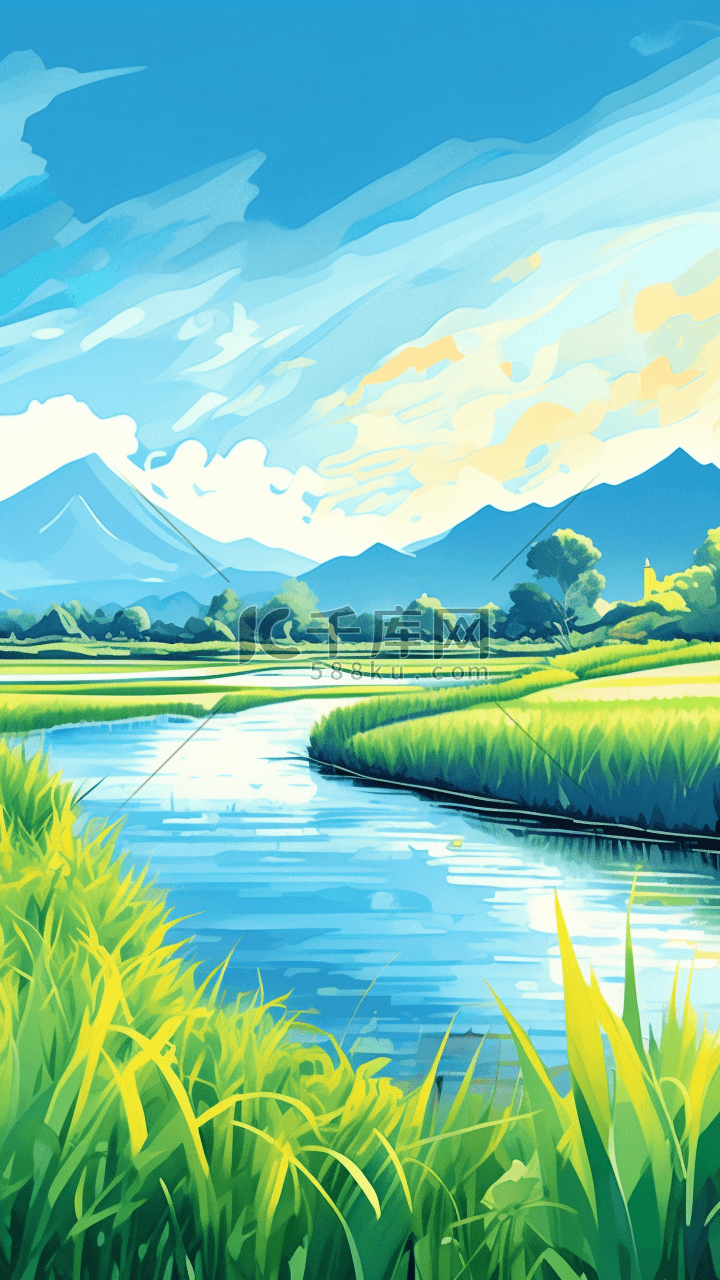 稻之乡的景色浅靛蓝和浅绿色水彩画插画