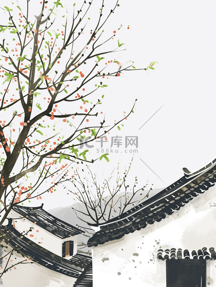 手绘江南意境房屋景色的插画12