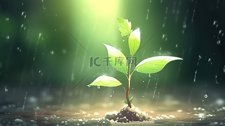 春天雨天小雨沥沥下小树苗发芽的插画1