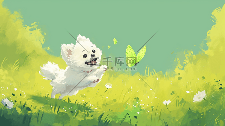公园绿色草坪上小狗开心追蝴蝶的插画21