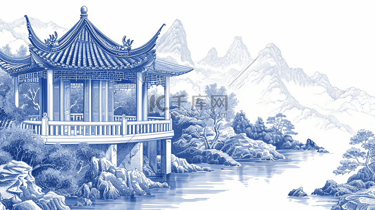 素描山水风景风光带亭子的插画14