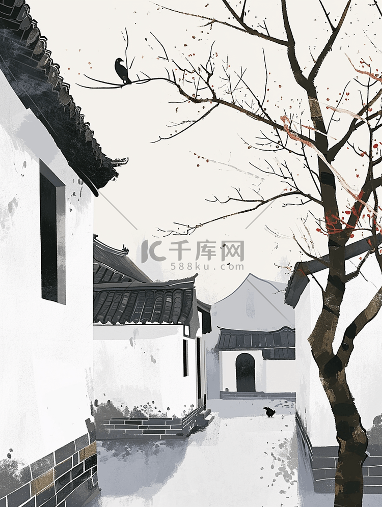手绘江南意境房屋景色的插画8