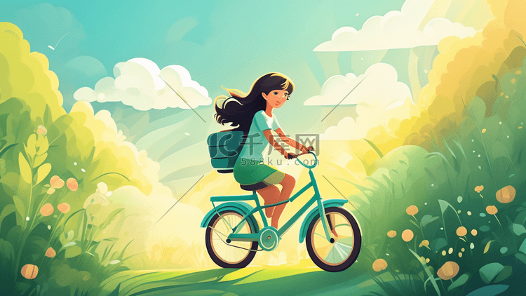 一个骑自行车的女孩充满活力的空气场景原创插画