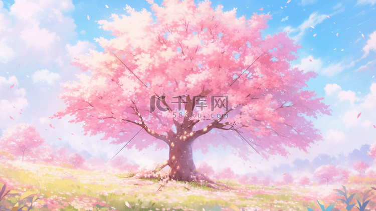 蓝色天空下粉色樱花树下唯美插画4