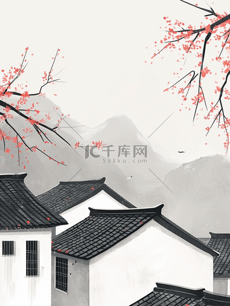 手绘江南意境房屋景色的插画4