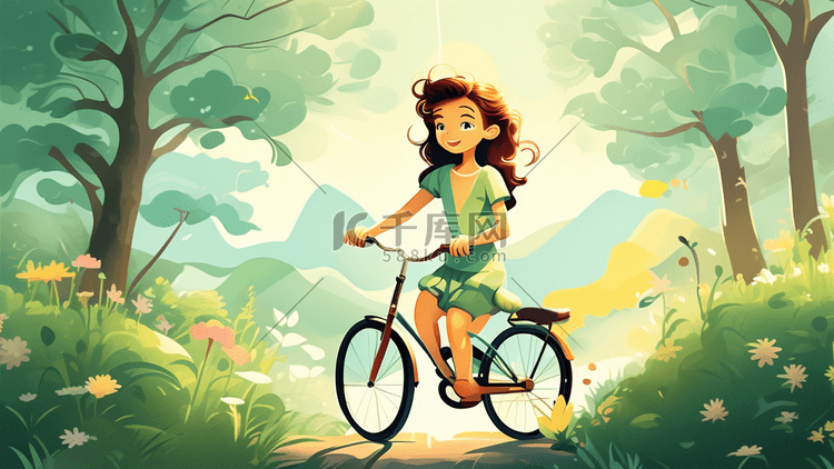 一个骑自行车的女孩充满活力的空气场景插画海报