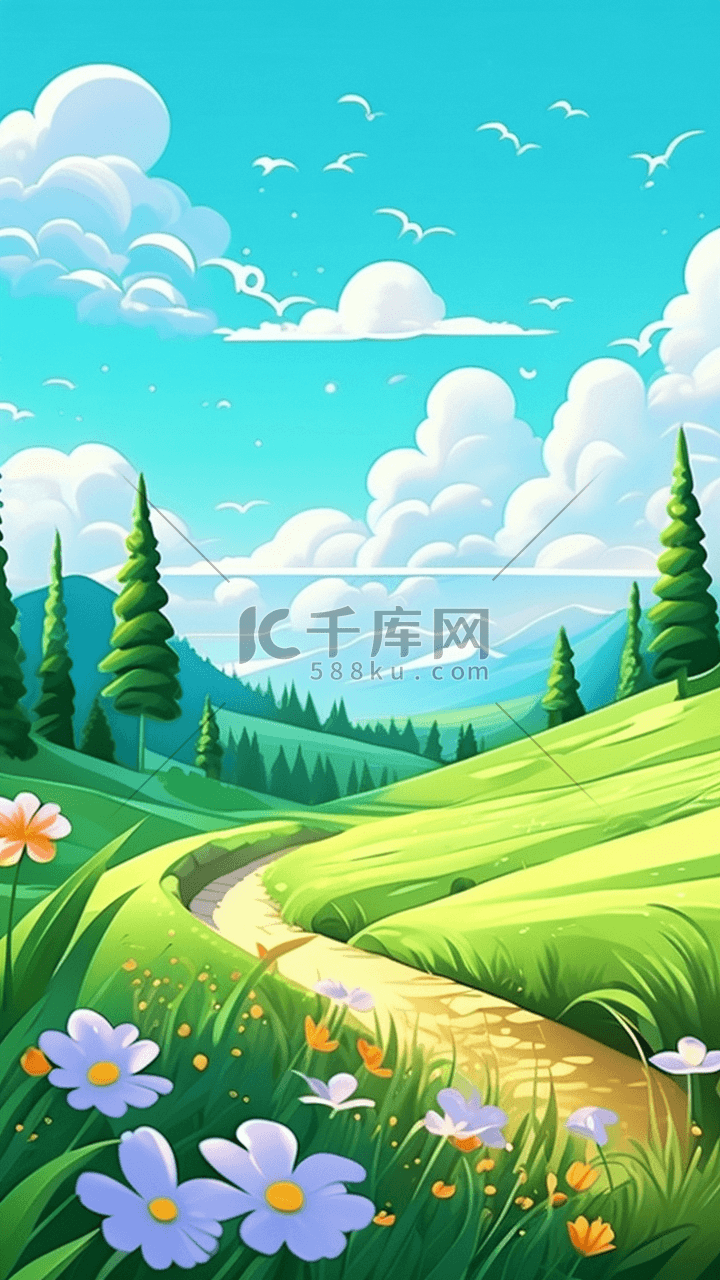 绿草如茵的卡通景观以浅绿色和天蓝色的风格原创插画