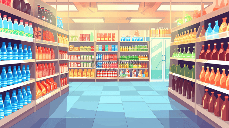 扁平化彩色超市便利店饮料区的插画19