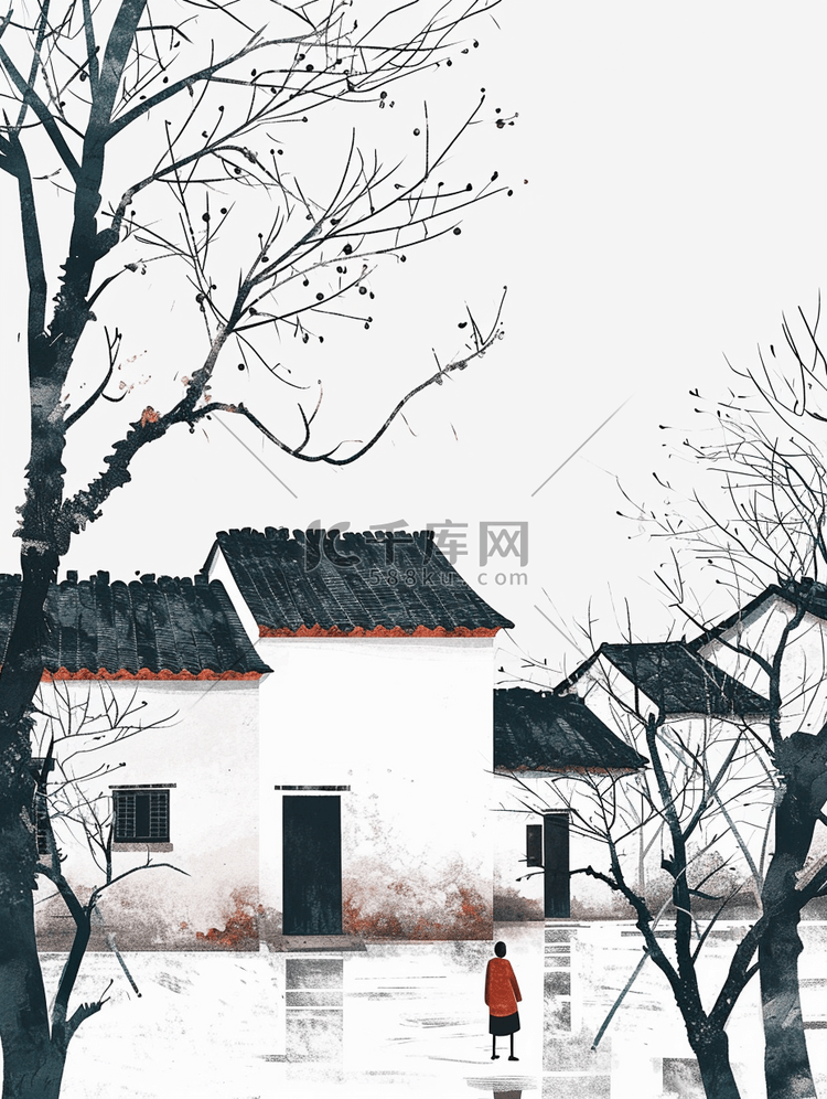 手绘江南意境房屋景色的插画56