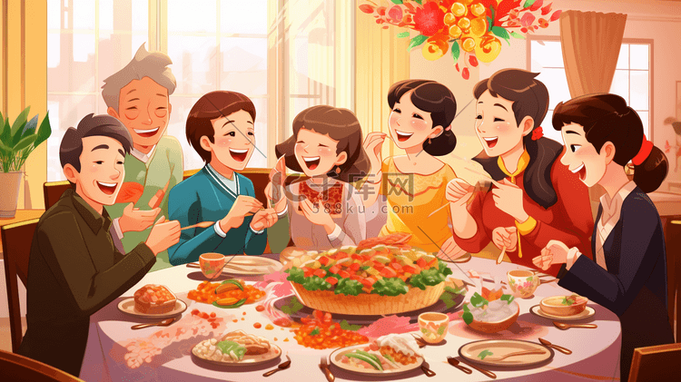 中国新年一家人团聚吃团团饭的插画7