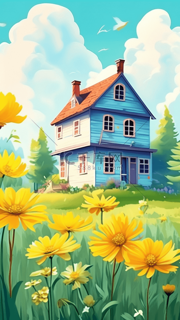 一幅房子和黄色的花朵诗意的田园场景插图
